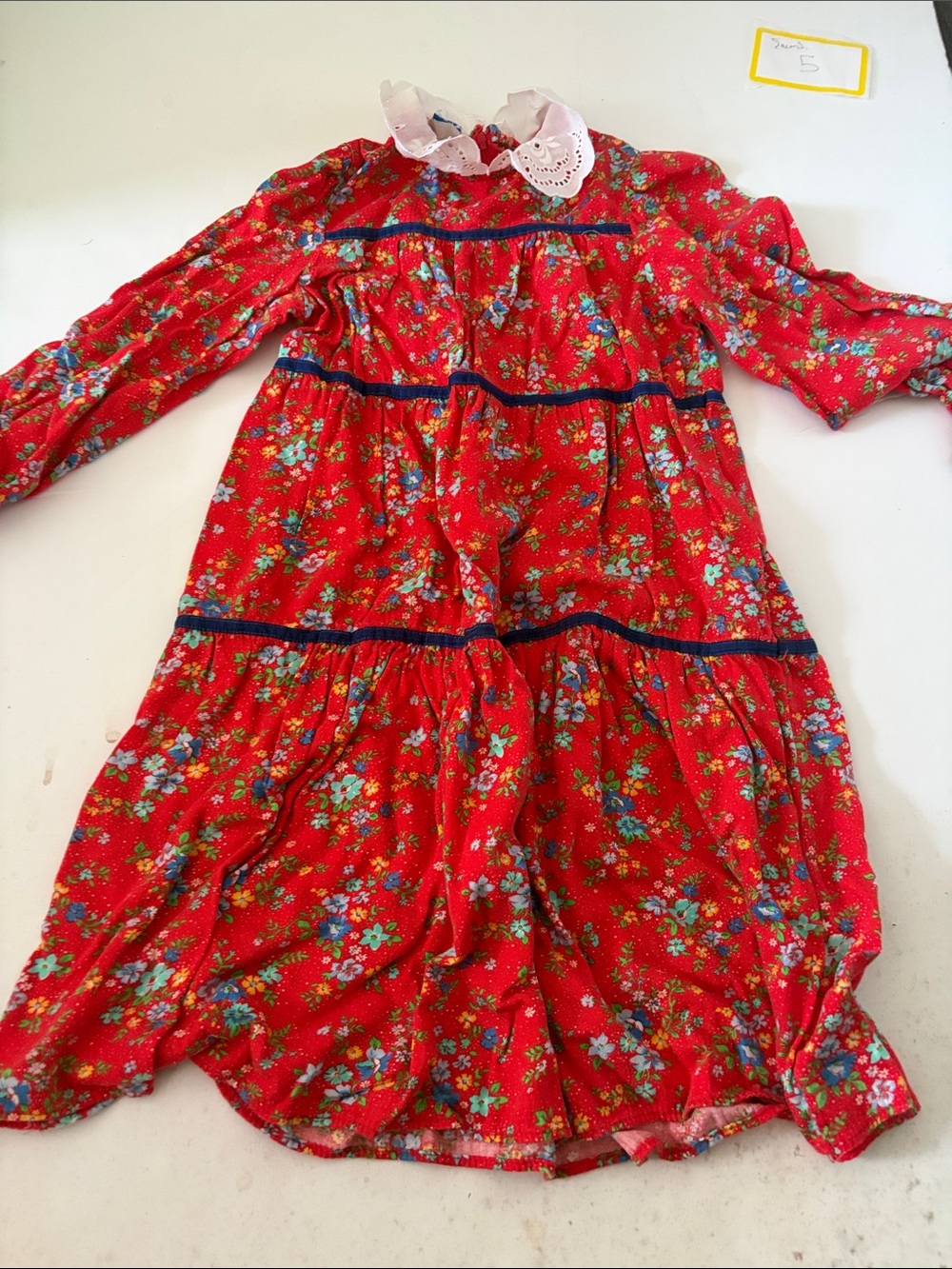 Red Floral Tiered Dress with White Eyelet Collar and Navy Trim